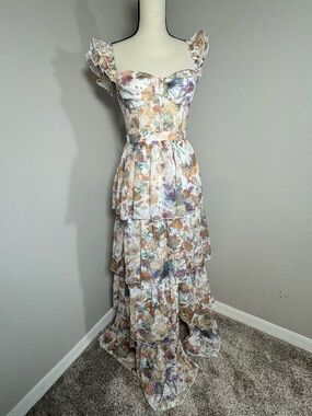 Blythe LA Floral Tiered Maxi Dress with Slit | Corset Bodice | Size S | NWT